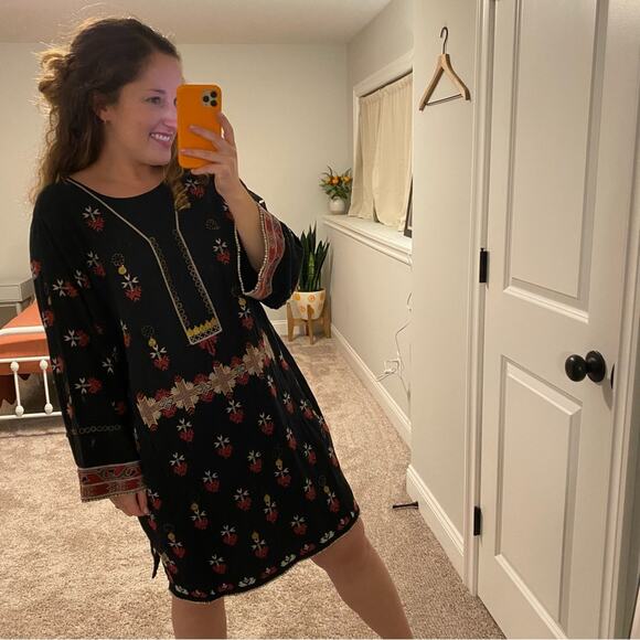 Ulla Johnson Black Red Intricate Golden Long Sleeve Mini Dress Medium - Picture 7 of 16